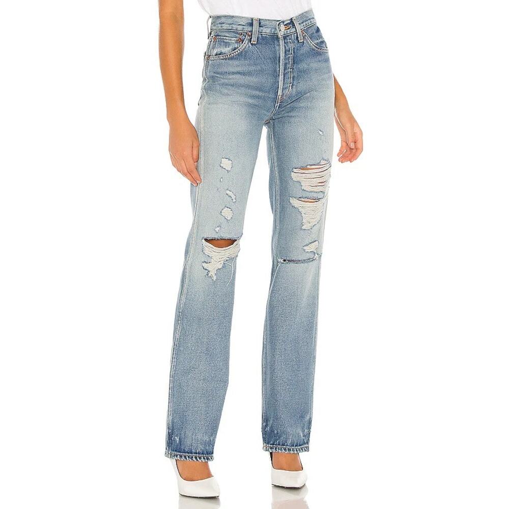 RE/DONE 90’s High Rise Loose Jeans – Medium Wash Distressed – Size 24